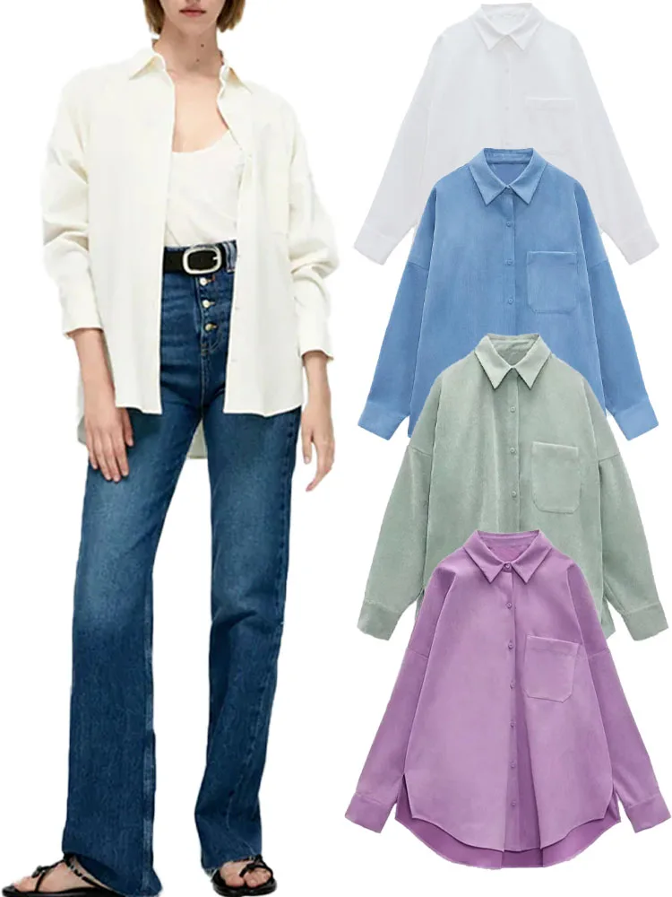 

Рубашка ZA, новинка 2021, женская одежда для ранней осени, универсальная Повседневная рубашка с карманами и украшением, качественная Вельветов...