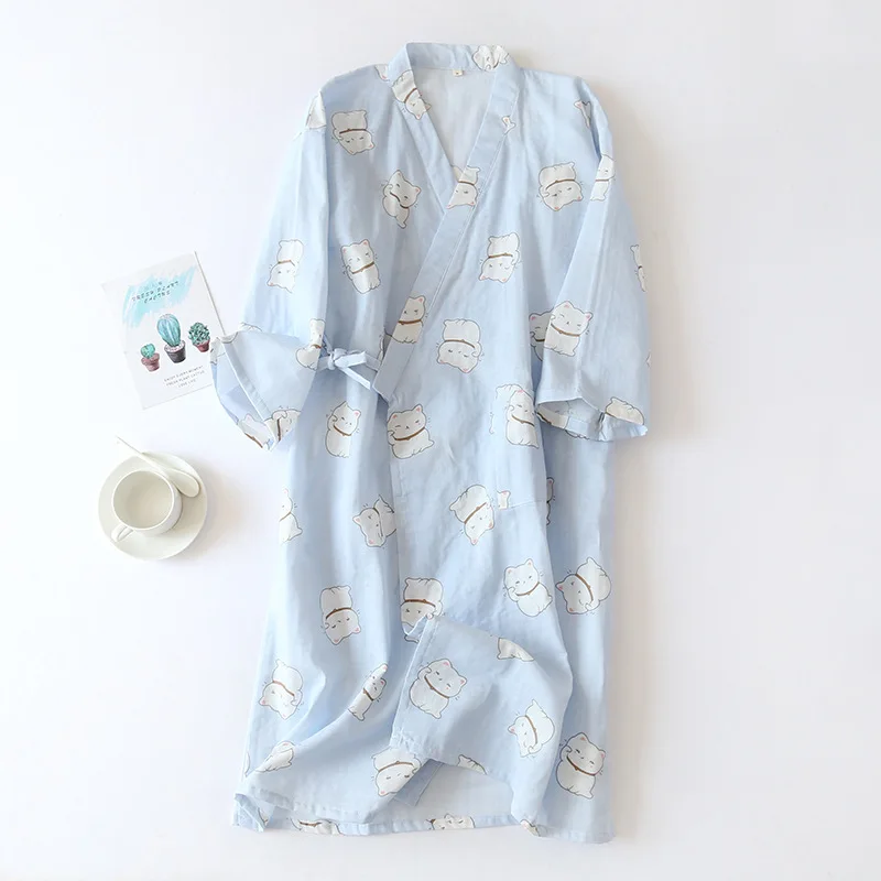 Летний женский трикотажный халат из 100% хлопка с милыми кошками|Комплекты халатов