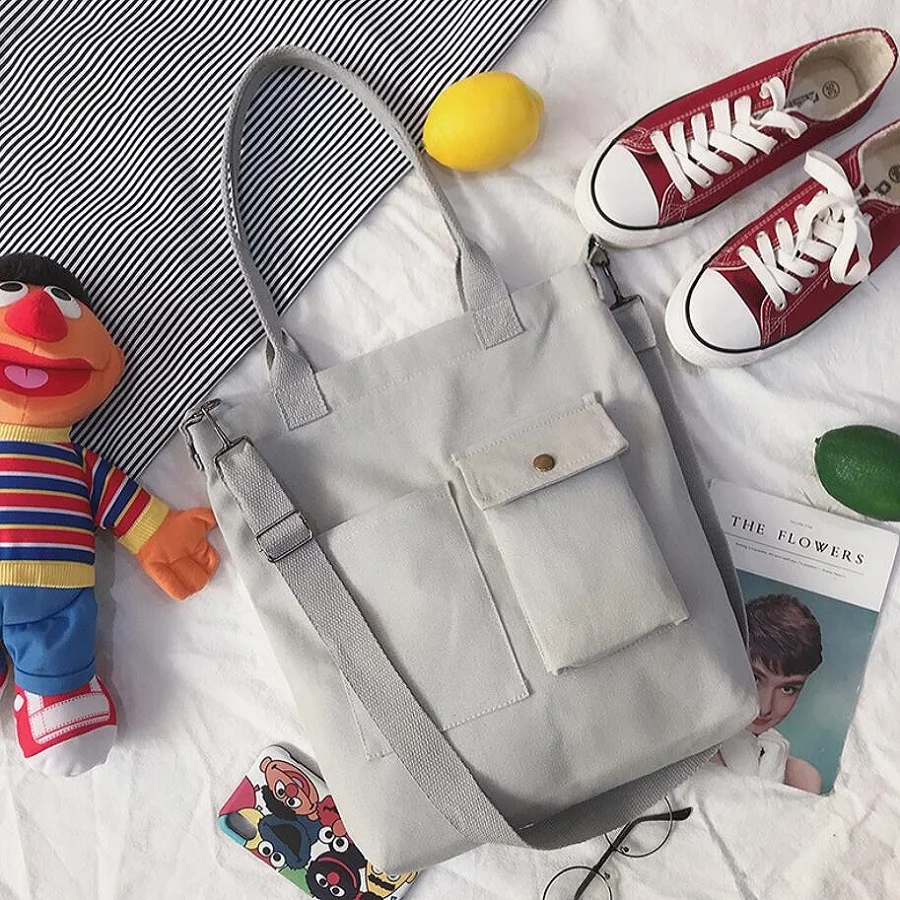 

New Style Canvas Cotton Bag Simple Shoulder Bag Zipper Shopping Bags Girls Fashion Solid Color Life Casual Hand Bag