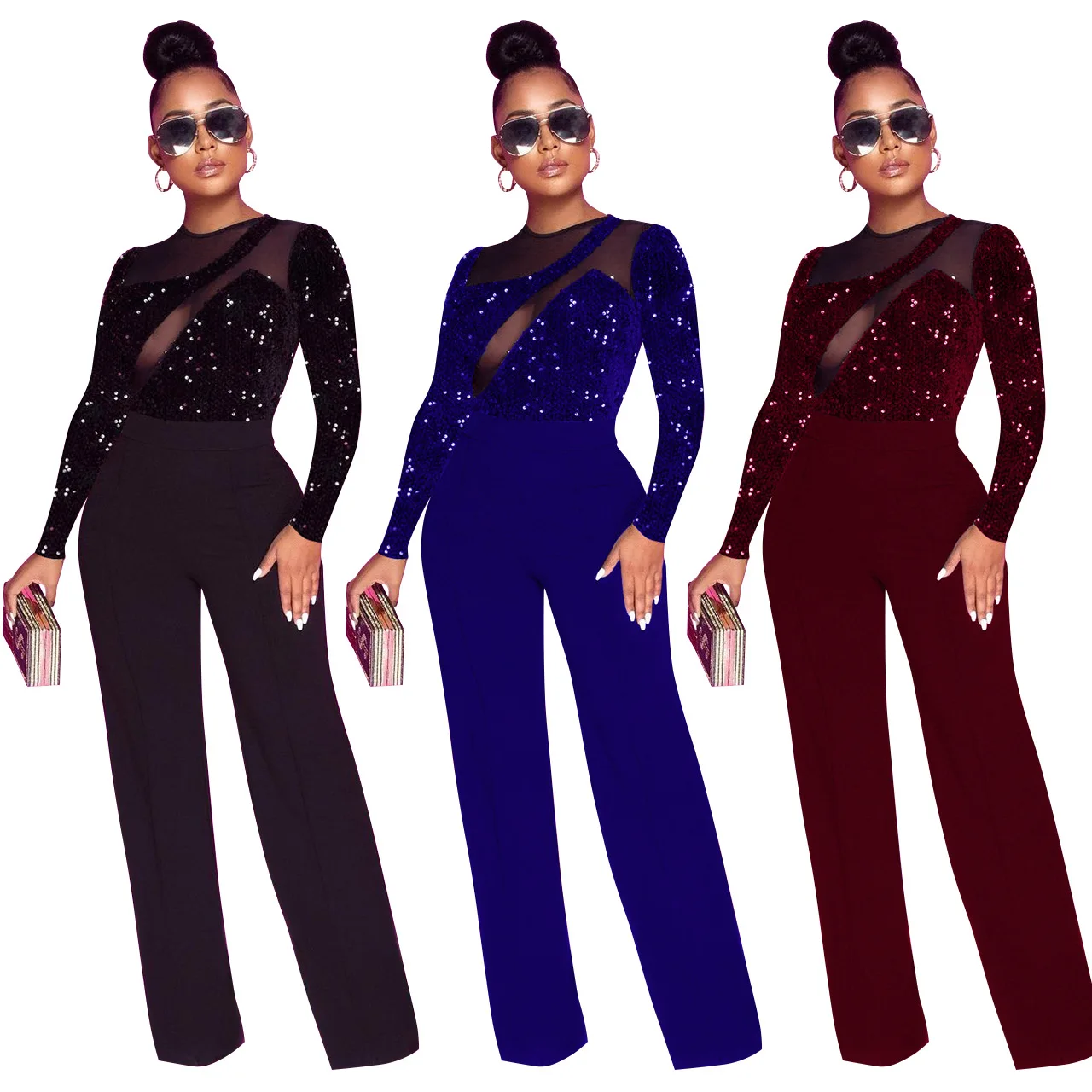 

Spring Women High Street Sequin Jumpsuit Fashion Solid Flocking Splicing Sequin Mesh Straight Trousers Hollow Out Sexy Playsuit