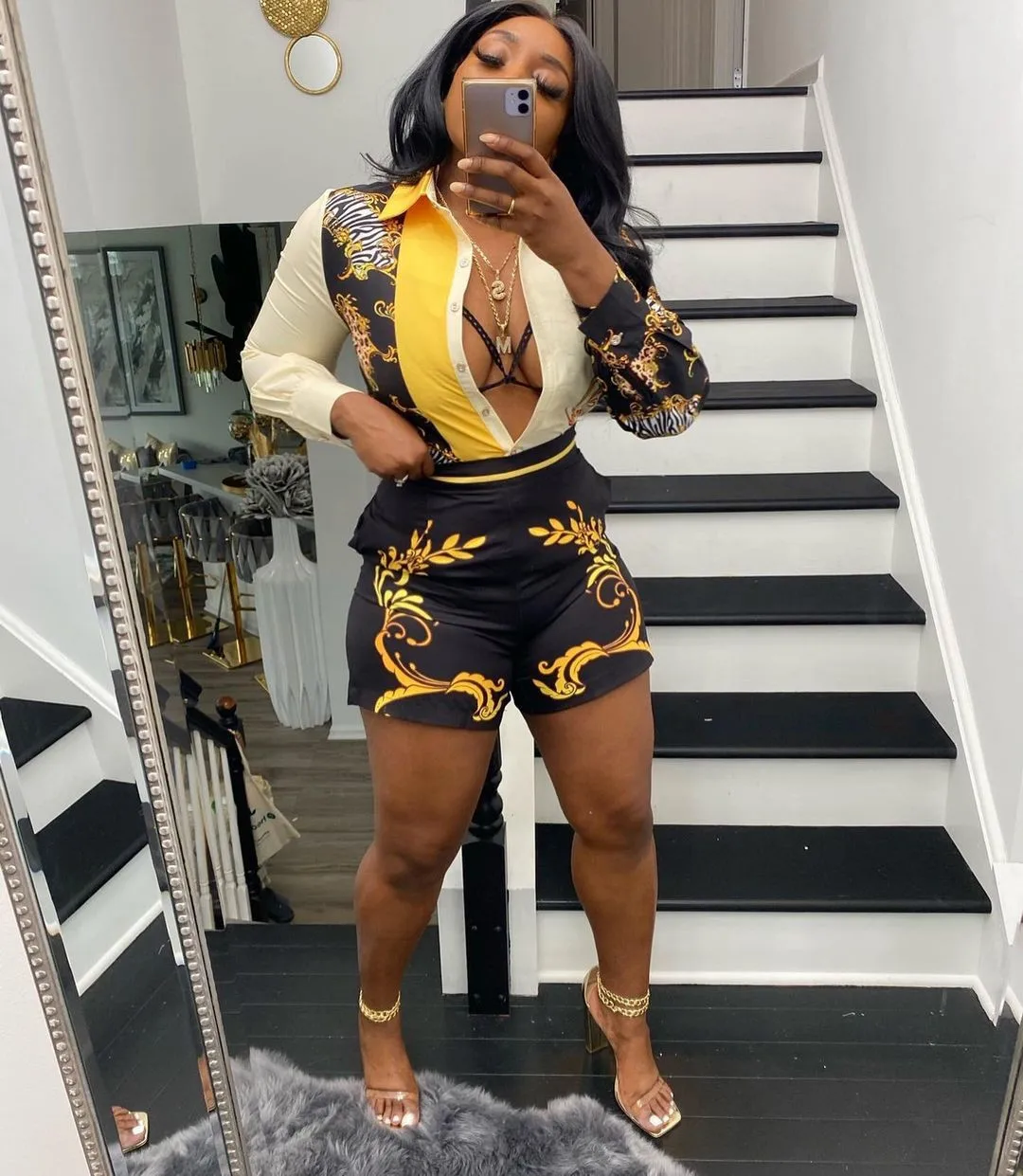 ChocoMist Two Piece Floral Print Patchwork Shorts Set QY5059 |