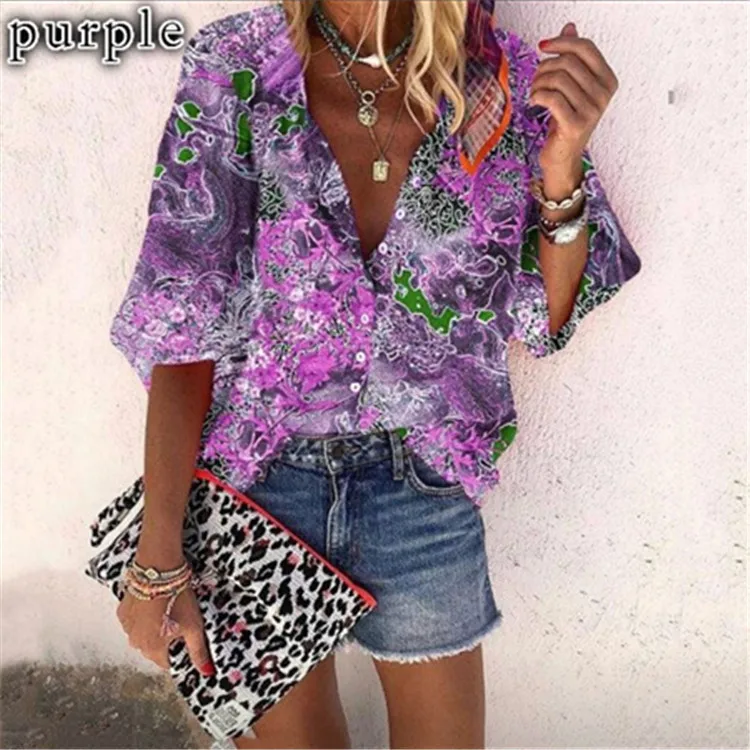 

Mandylandy Women's Casual Printed Loose Shirt Spring Summer Fashion Single-Breasted Turn-down Collar Nine Quarter Sleeve Shirt