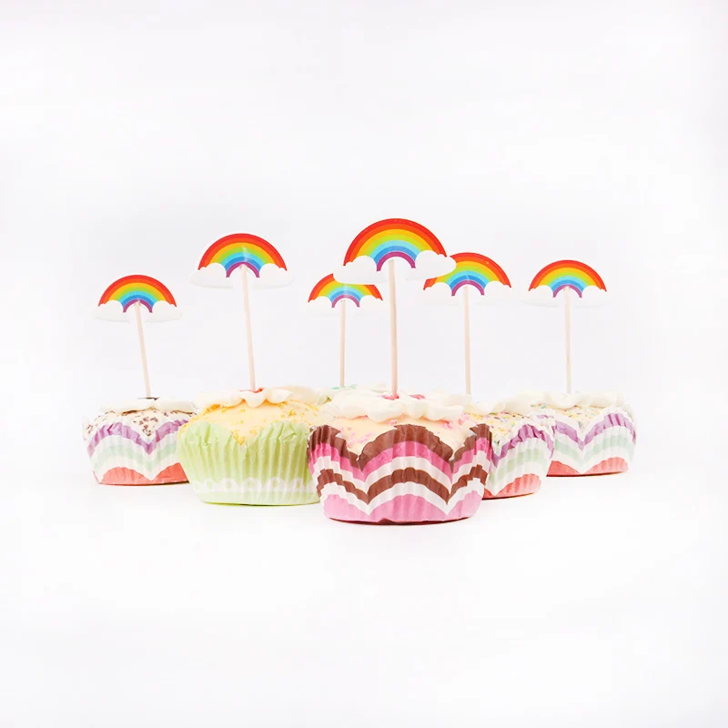 24 шт Красочный радужный узор для капкейка-моноблок палочки с бамбуковым на день