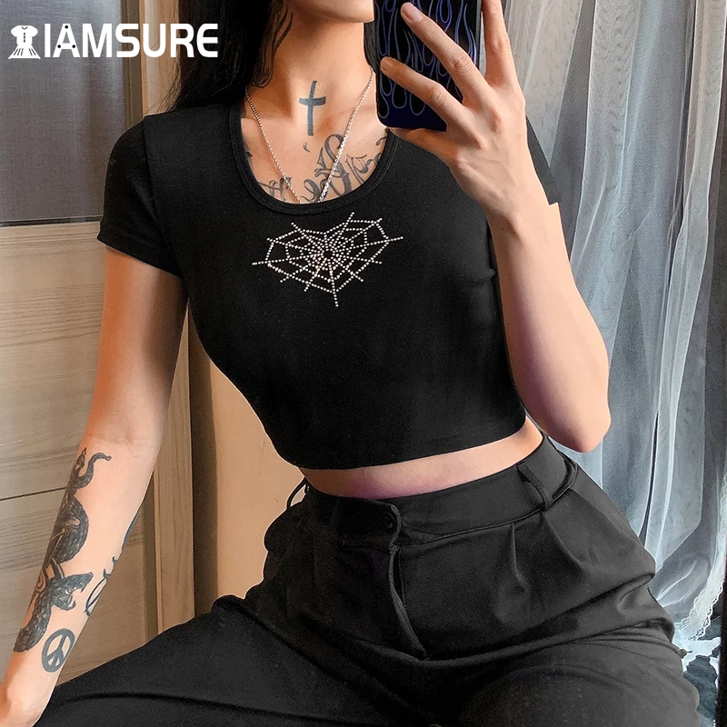 

IAMSURE Heart Shape Pattern Tshirt Women 2021 Casual Slim Short Sleeve Crop Top Cotton Skinny O-Neck Basic Tees Dark Streetwear