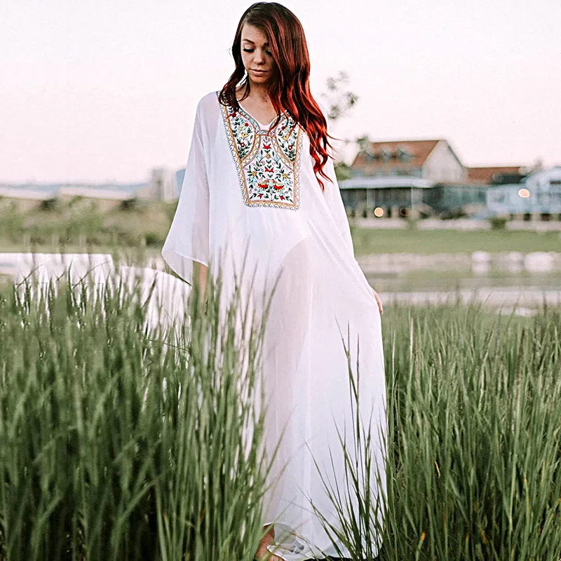 Белое шифоновое платье с вышивкой длинными пляжное Bikini Cover источник