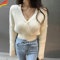 new 2020 autumn winter womens sweaters v neck sexy pullovers minimalist knitted sweater elegant korean style ladies jumpers