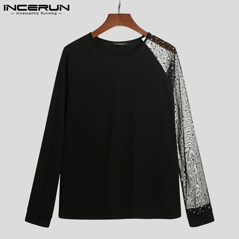

INCERUN 2021 Fashion Men T Shirt Print Mesh Patchwork O Neck Long Sleeve Casual Tee Tops Streetwear Party Nightclub T-shirts Men
