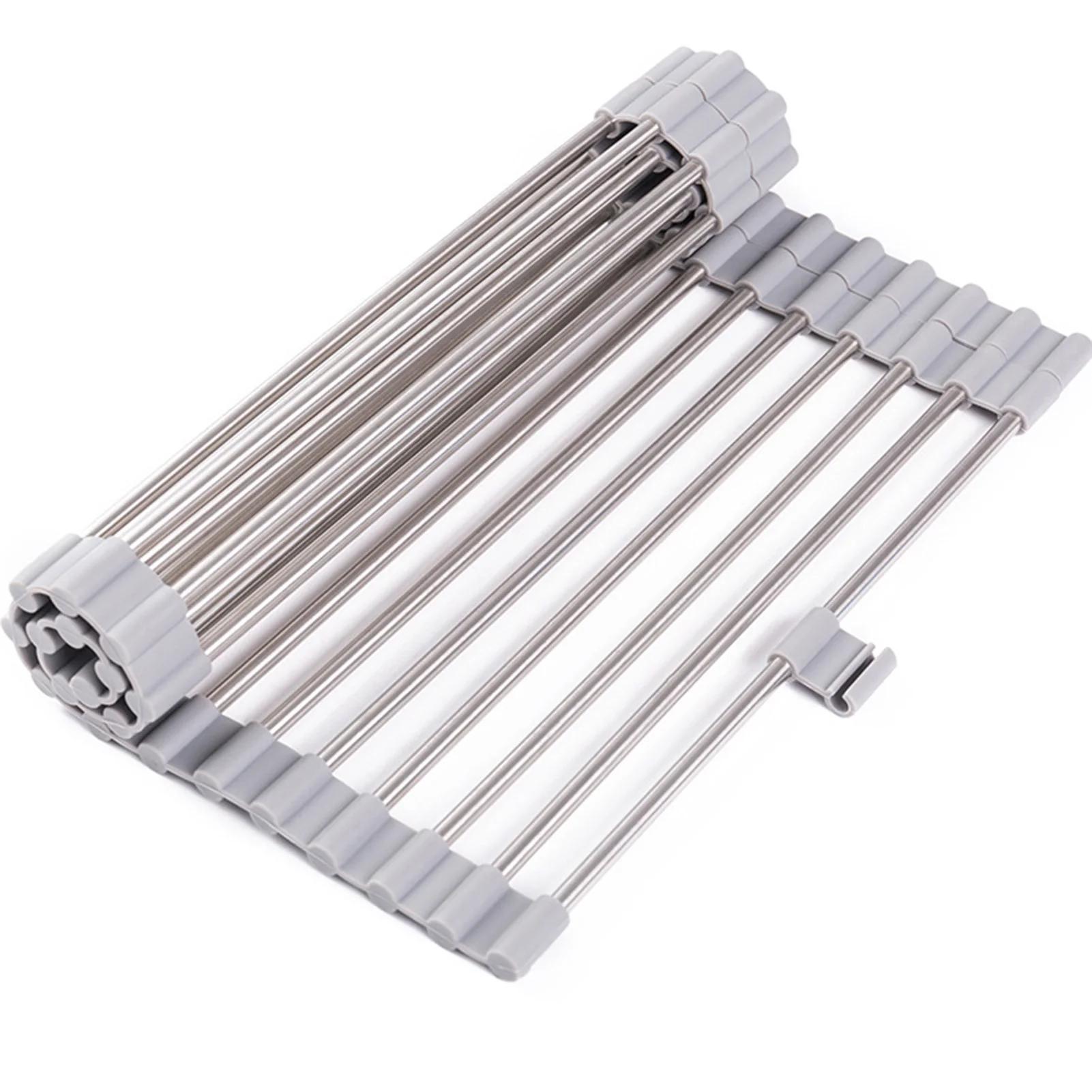 

2021 New Sink Roll-Up Dish Drying Rack Silicone Coated Dish Drainer Stainless Steel Folding Kitchen Shelf Non-slip Durable Tool