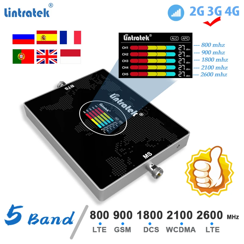 Lintratek 5 5-полосный усилитель сотовой связи GSM 2G 3G 4G 800 900 1800 2100 2600 MHz мобильный телефон