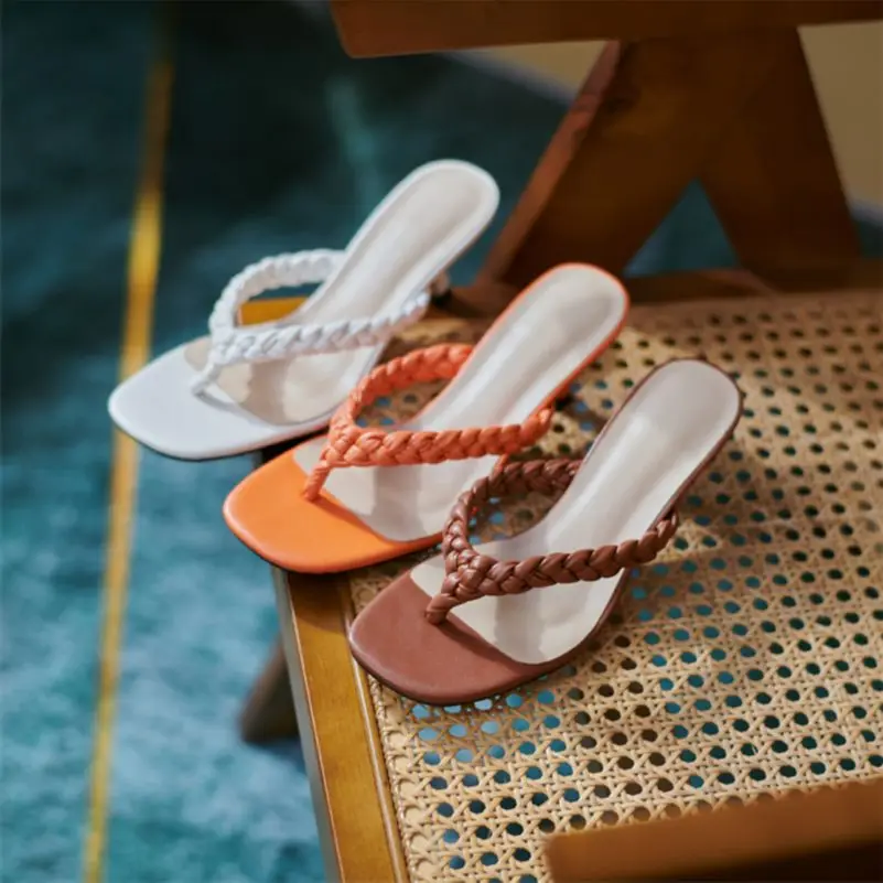 

Meotina Women Slippers Shoes Flip Flop Sandals High Heel Slides Square Toe Ladies Footwear Summer Orange Brown Beige 2021 New
