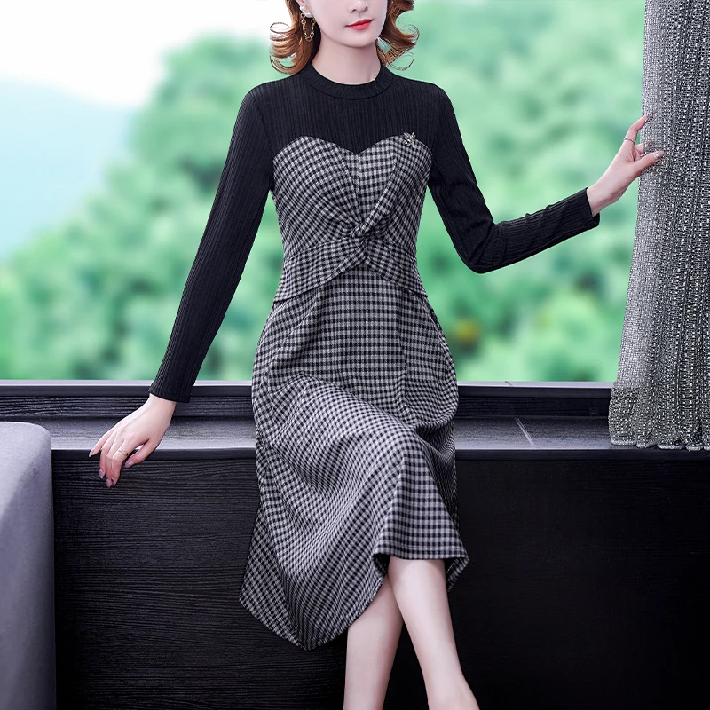 

Knitting Loose Women Dresses New Fashion Casual Long Sleeve Dress A-LINE Mid-Calf Splicing O-neck Autumn Houthion