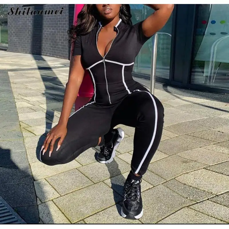 

Black Sexy Bodycon Jumpsuit Romper Short Sleeve Bodysuit Women Zipper V Neck Jumpsuit Elegant Stripe Rompers Plus Size Polyester