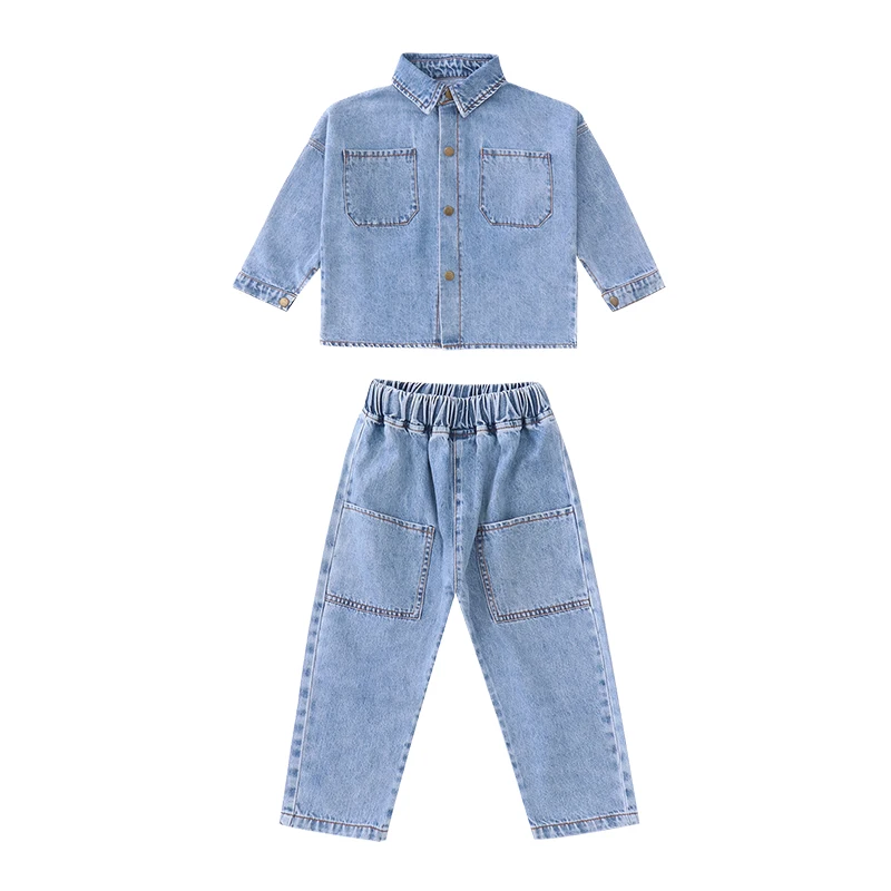 

Spring Autumn Casual Girls Clothing 2 Piece Sets Wash Distressed Denim Jackets+Ankle Length Jeans Children Outfits 4-13T