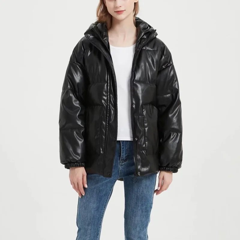 

Winter Women's Hooded Fashion Loose Pu Coat Solid Color Warm Black Jacket Streetwear Retro Warm 2021 New Products