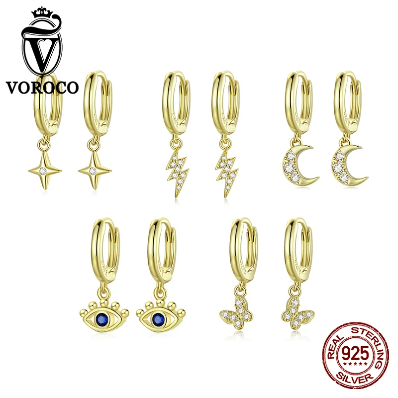 

VOROCO 925 Sterling Silver Moon Star Eye Butterfly Lightning Golden Round Zircon Stud Earrings Women Luxury Fine Jewelry BKE1258