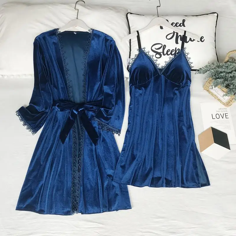 Navy Blue3 Теплый Бархатный халат, кимоно, одежда для сна, мягкий велюр, женский свадебный халат, ночная рубашка, ночное белье, повседневное банное платье, интимное белье - Цвет: Navy Blue3