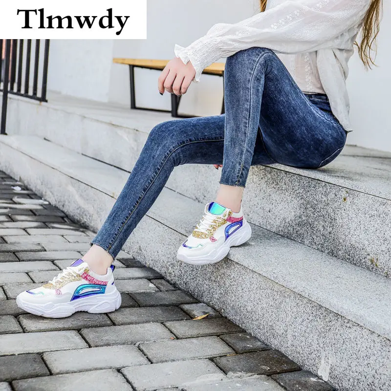 

Women Sneakers Casual Vulcanized Shoes Women's Breathable PU Sequins Thick Sole Running Sports Shoes Zapato Transpirable Mujer