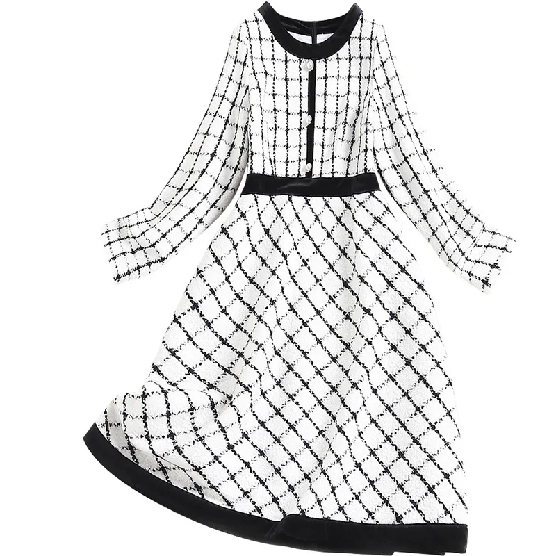 

2021 Spring Elegant Skirt Nipped Waist Office Basic Tops O Neck Knee High White Plaid Dress Women