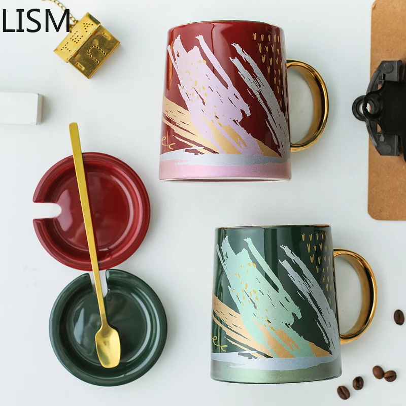 

Luxury Gold Mug Nordic with Spoon Handmade Ceramic Modern Simple Mug with Handle Student Milk Coffee Cup Cups and Mugs Gift Box