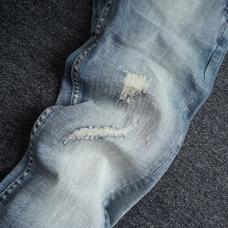 European Vintage Fashion Men Jeans Retro Light Blue Elastic Slim Fit Ripped Jeans Men Patchwork Designer Casual Denim Pants