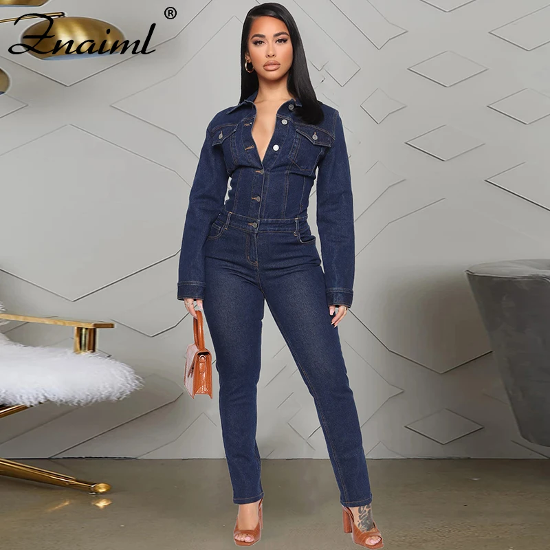 

Znaiml Fashion Denim Jumpsuit For Women Turndown Collar Long Sleeve Single-Breasted Sexy Bodysuit Overalls Mom Jeans Rompers