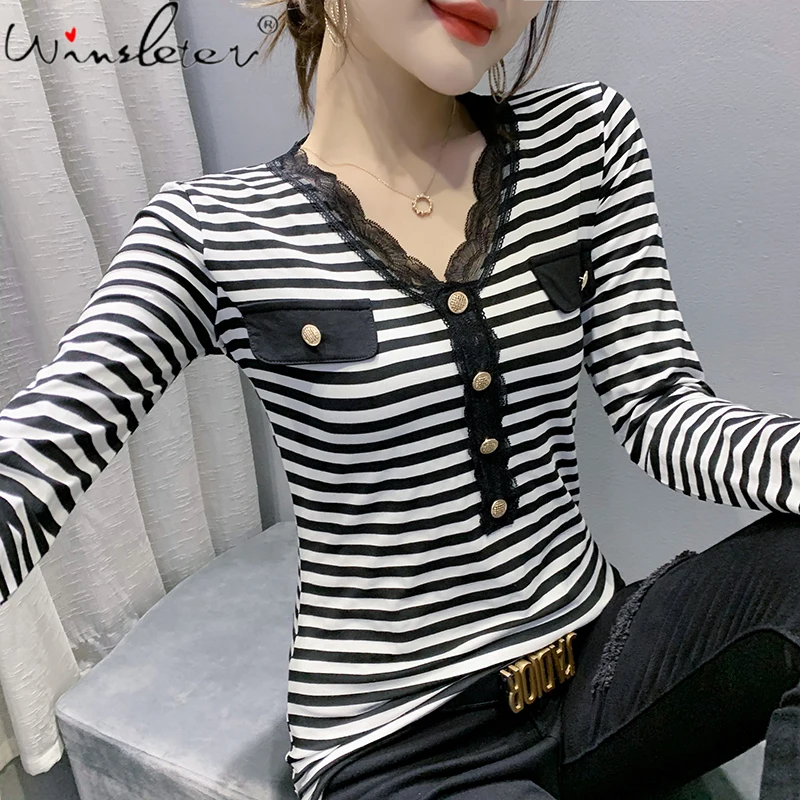 

Женская хлопковая футболка с длинным рукавом, в полоску, на пуговицах