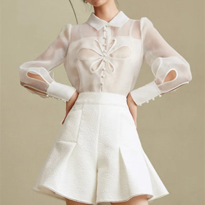 

Женский жаккардовый комплект из двух предметов, белая ажурная дизайнерская блузка из органзы с длинным рукавом, элегантный спортивный кост...