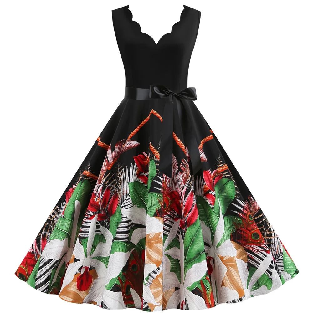 С цветочным принтом Летние платья без рукавов для женщин размера плюс 3XL черный