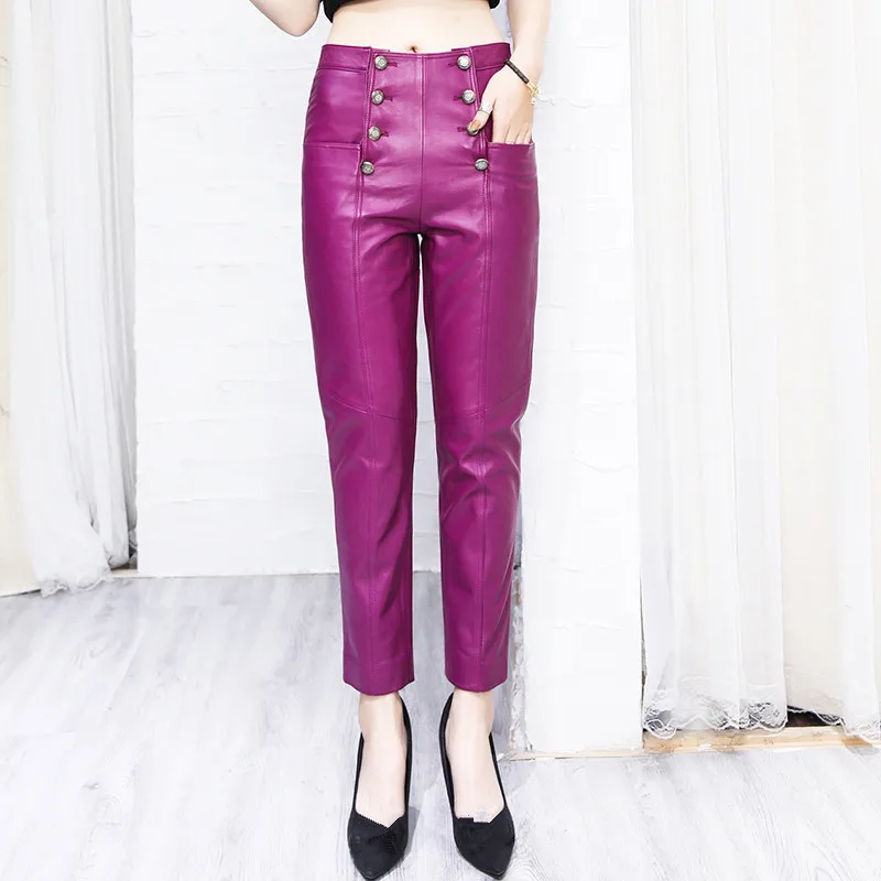 Fashion Women's High-riese Leather pencil pants Spring Autumn High quality Sheepskin genuine leather ninth pants C550