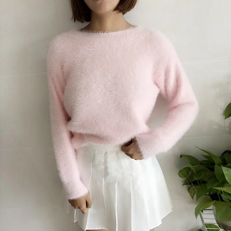 Женский свитер пуловер из мохера однотонный Повседневный свободный круглый