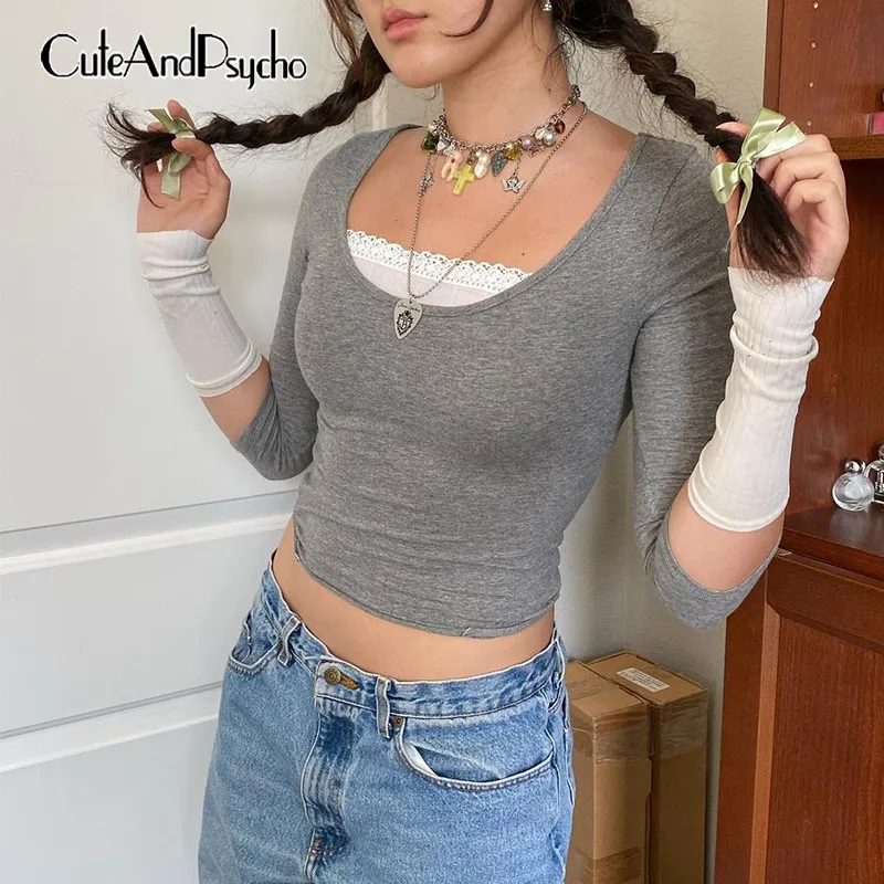 Кружевные лоскутные Топы Kawaii Y2K эстетичные базовые облегающие укороченные