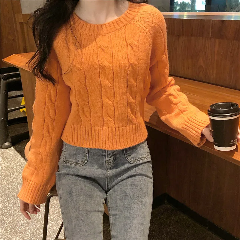 Autumn Winter New Women's Short Pullovers Sweater Twist Knitting Full Sleeve Solid Fashion Vintage Casual Tops T98506D