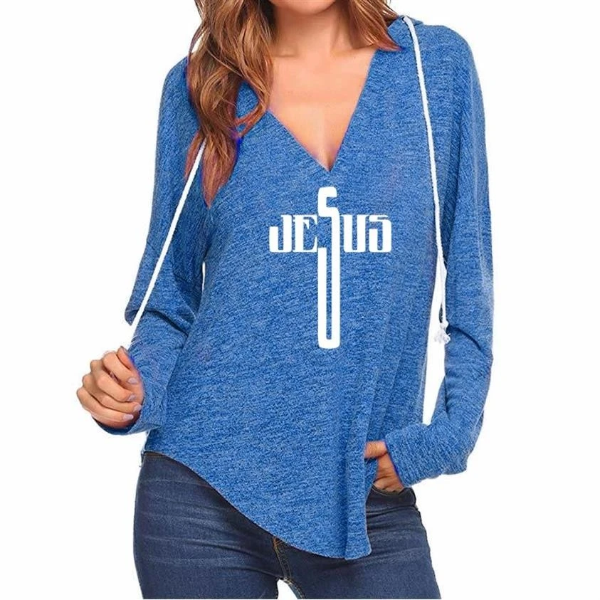 

V-Neck Hoodies For Women Jesus Bible Faith Letters Print Casual Sexy Tops Kawaii Sweatshirts Femmes Funny Thick Cotton Woman