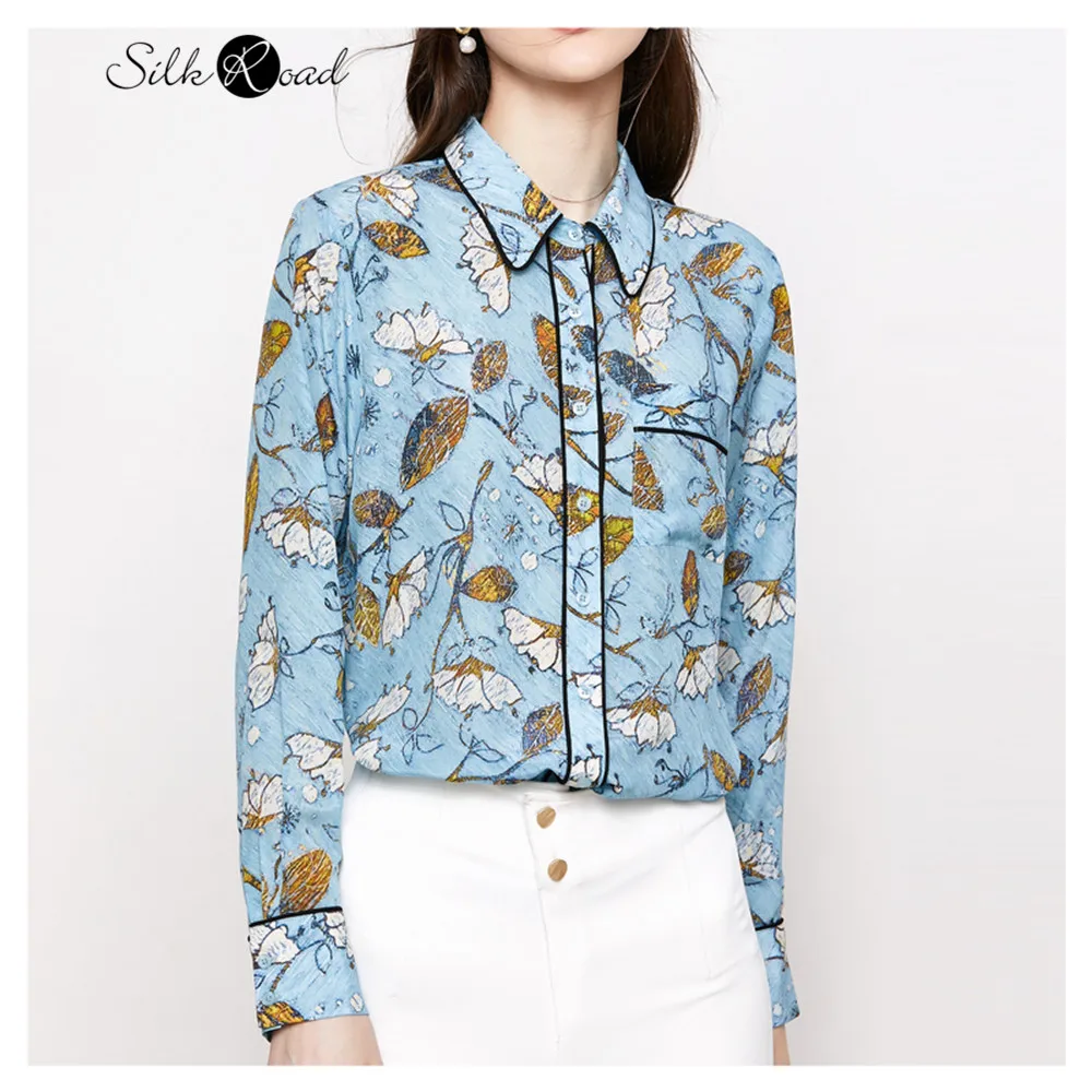 Silviye 100% silk printed black edge Silk Long Sleeve Shirt women's spring 2019 new versatile top retro shirt