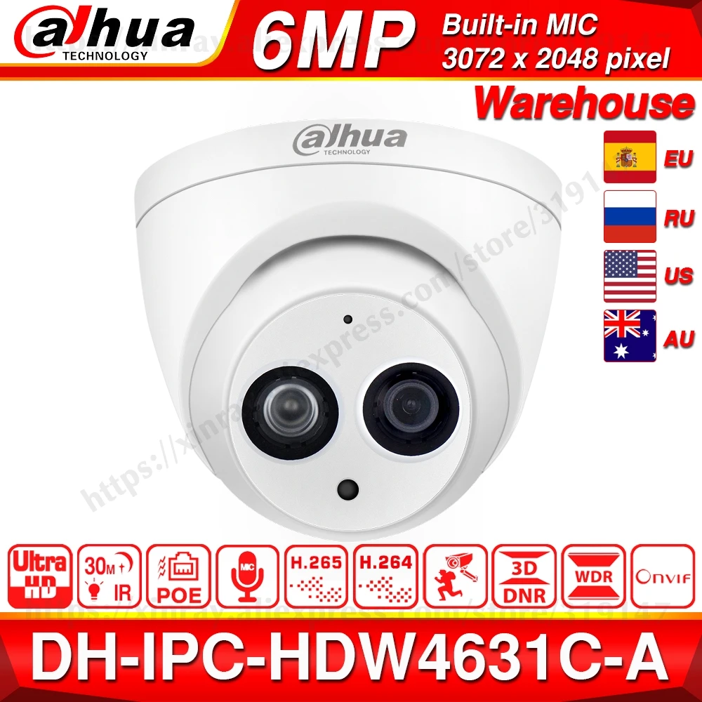 Dahua IPC-HDW4631C-A 6MP HD POE сетевая Мини купольная IP камера металлический чехол Встроенный микрофон CCTV камера 30 м ИК ночного видения Dahua IK10