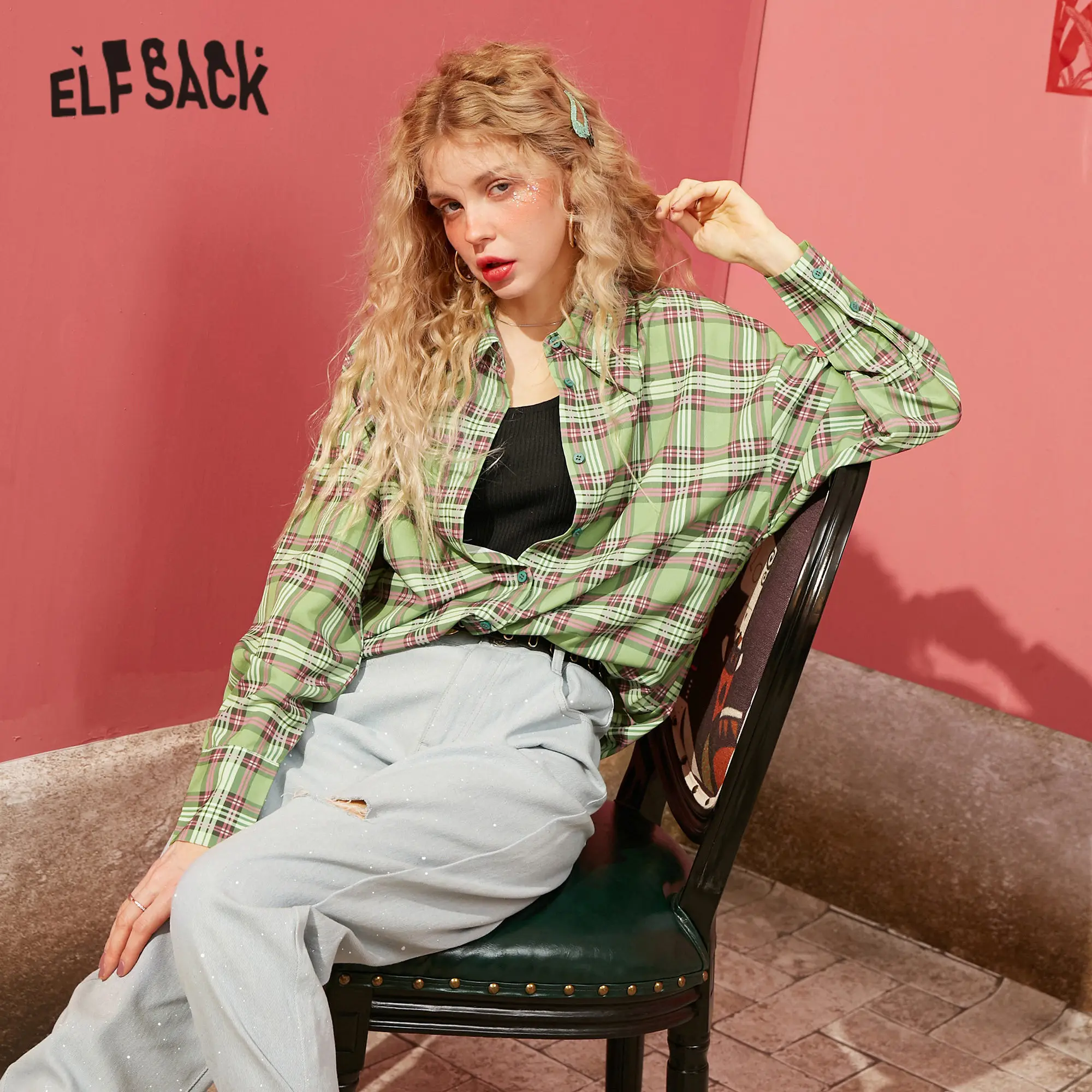 Женская винтажная блузка ELFSACK фиолетовая клетчатая Повседневная Блузка с