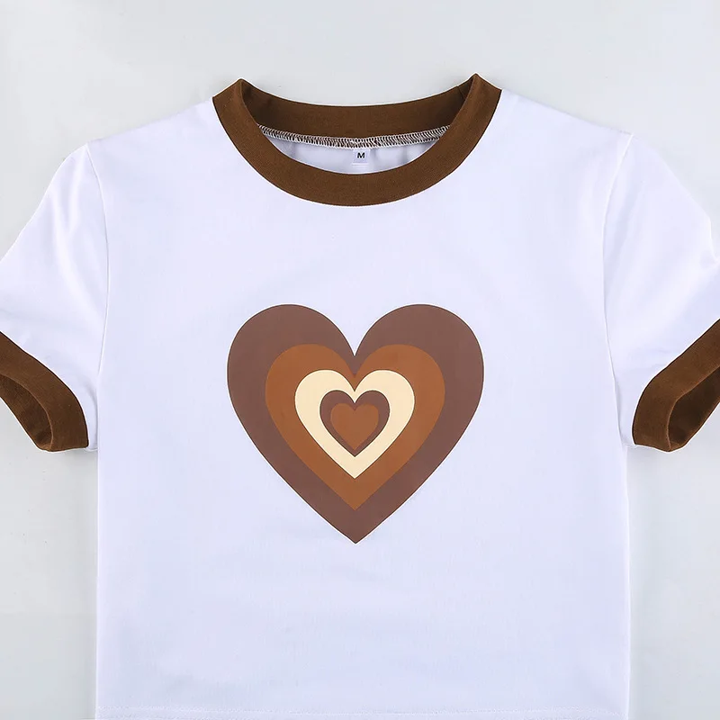 

MissThalia Y2K Aesthetic Brown Heart Print Female T-Shirt Short Sleeve Basic Contrast Color Women's Summer Skinny Crop Tops