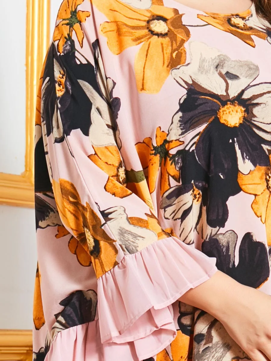 2021  Flower Ink Painting Batwing Sleeve Muslim Fashion Abayas Vestidos Elegant Pink Ruffles Oversized Long Dress for Women