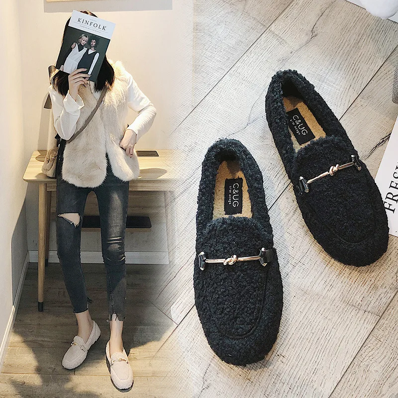 Женские меховые туфли на плоской подошве теплые зимние тапочки из