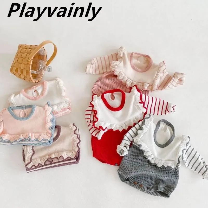 

Wholesale Baby Girl Bodysuits Newborn stripe patchwork knitted long sleeve Romper Overalls Baby Girl Clothes 0-3Y E82126