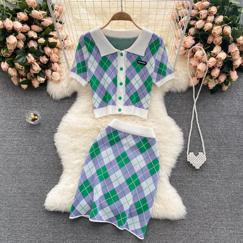 Summer Plaid Knitted Two Piece Set Women Crop Top Short Sweater Cardigan + Bodycon Mini Skirts Sets Fashion Casual 2 Piece Sets