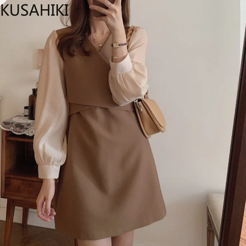 KUSAHIKI Новый двойные штаны с фальш вставкой женское платье корейский стиль