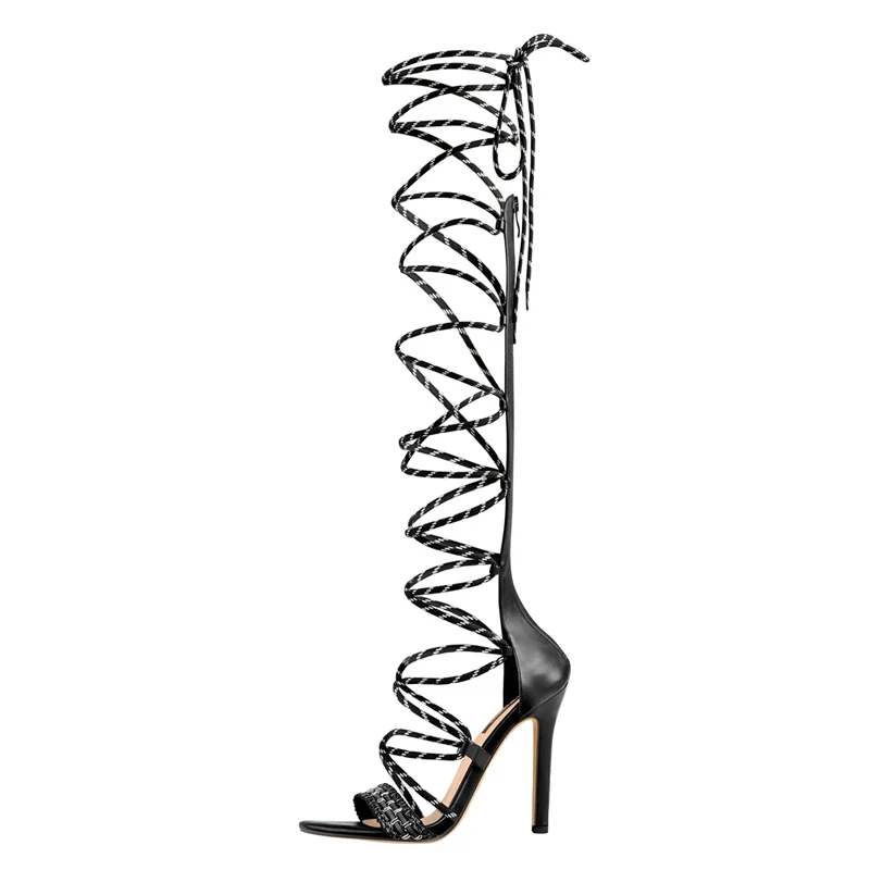 Beli Onlymaker Sandal Wanita Criss Cross Bertali Panjang Berenda Hak Tinggi Stiletto Rajutan Kembali Ritsleting Sepatu Wanita Seksi US5-15
