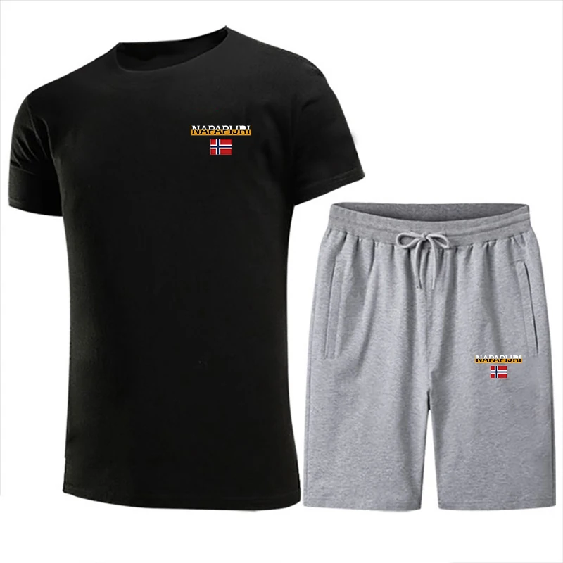 

Cotton Short-Sleeved T-Shirt Men's Brand Jogging Quality Top Sports Leisure Fashion Breathable Beach Two-Piece Suit