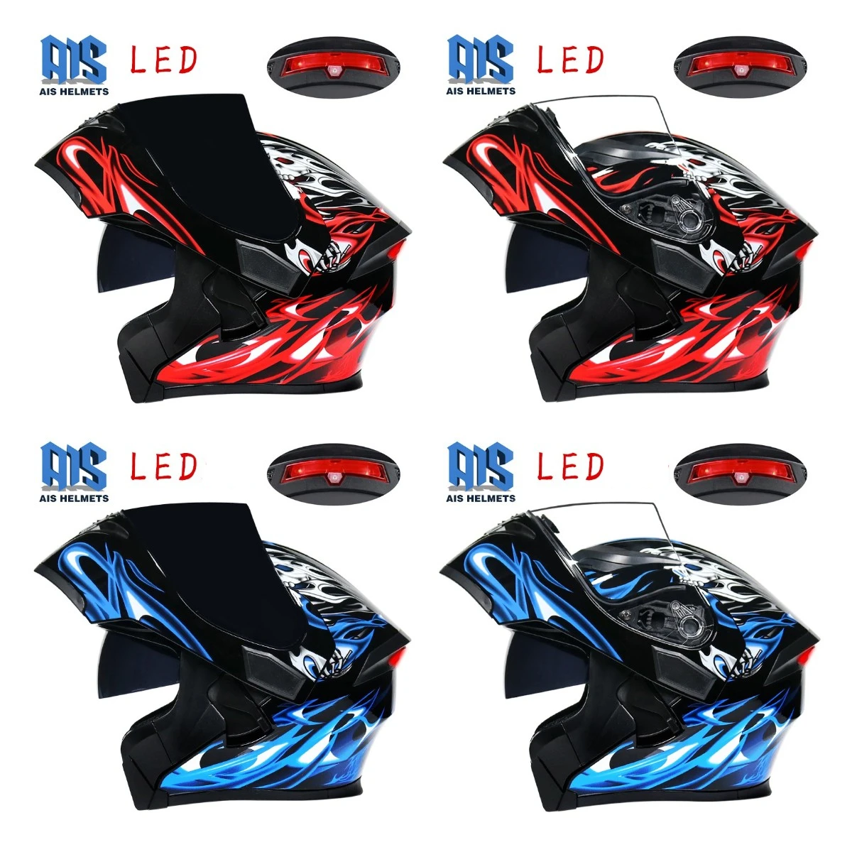 

DOT Approved LED Tail warning light Personality Motorcycle Helmet Flip Up Safety Double Lens Full Face Motocross Helmets