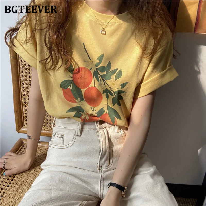 

BGTEEVER Chic O-neck Casual Loose Women Printed T-shirts 2021 Summer Short Sleeve Female Cotton Tees Ladies Pullovers Tops