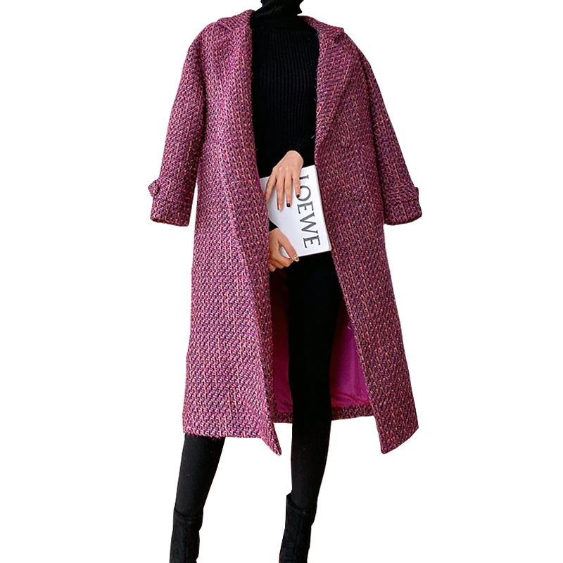 Женское твидовое шерстяное пальто повседневное свободное плотное в стиле ретро