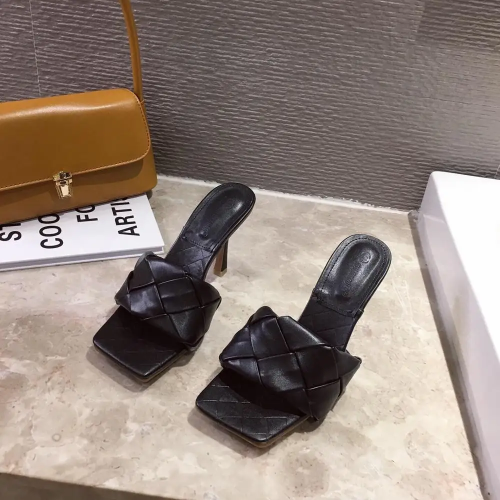 

New Weave Leather Heels Slippers Women 2020 Summer Square Toe High Heel Ladies Sandal Open Toe Stiletto Dress Shoes Slides