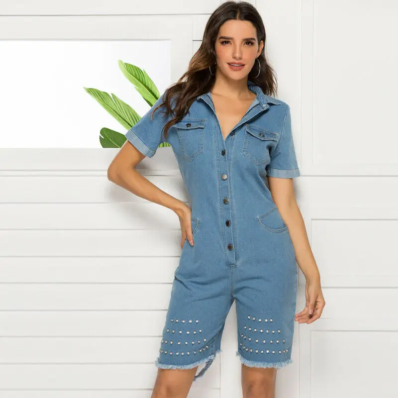 

Short Denim Overalls Women Jumpsuit Romper High Waist Casual Fashion Ripped Jeans Playsuit Washed Blue 2020 Summer Button Outfit