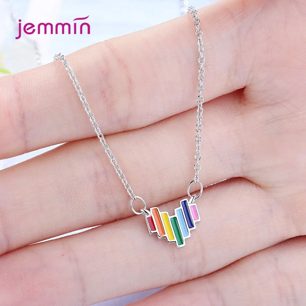 

Personality Rainbow Heart 925 Sterling Silver Necklace Ins Cute Female Pendant Lover's Fashion Short Dangle Party Jewelry Gift